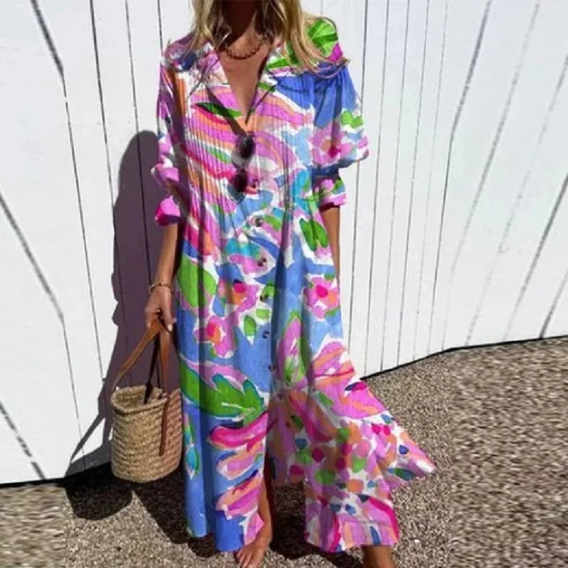 Merita - Boho Maxi Dress With V Neck For Women