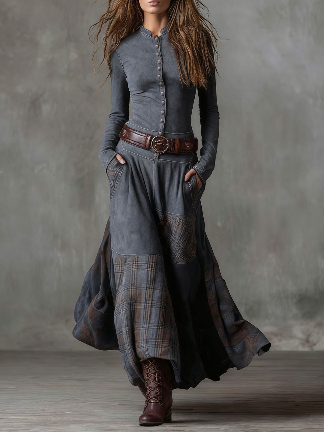 Avery™ Plaid Paneled Vintage Suede Maxi Dress(with free belt)