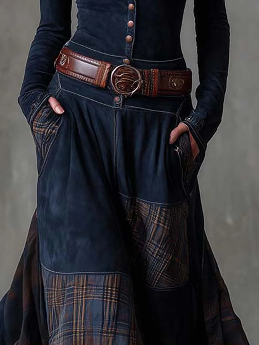 Avery™ Plaid Paneled Vintage Suede Maxi Dress(with free belt)